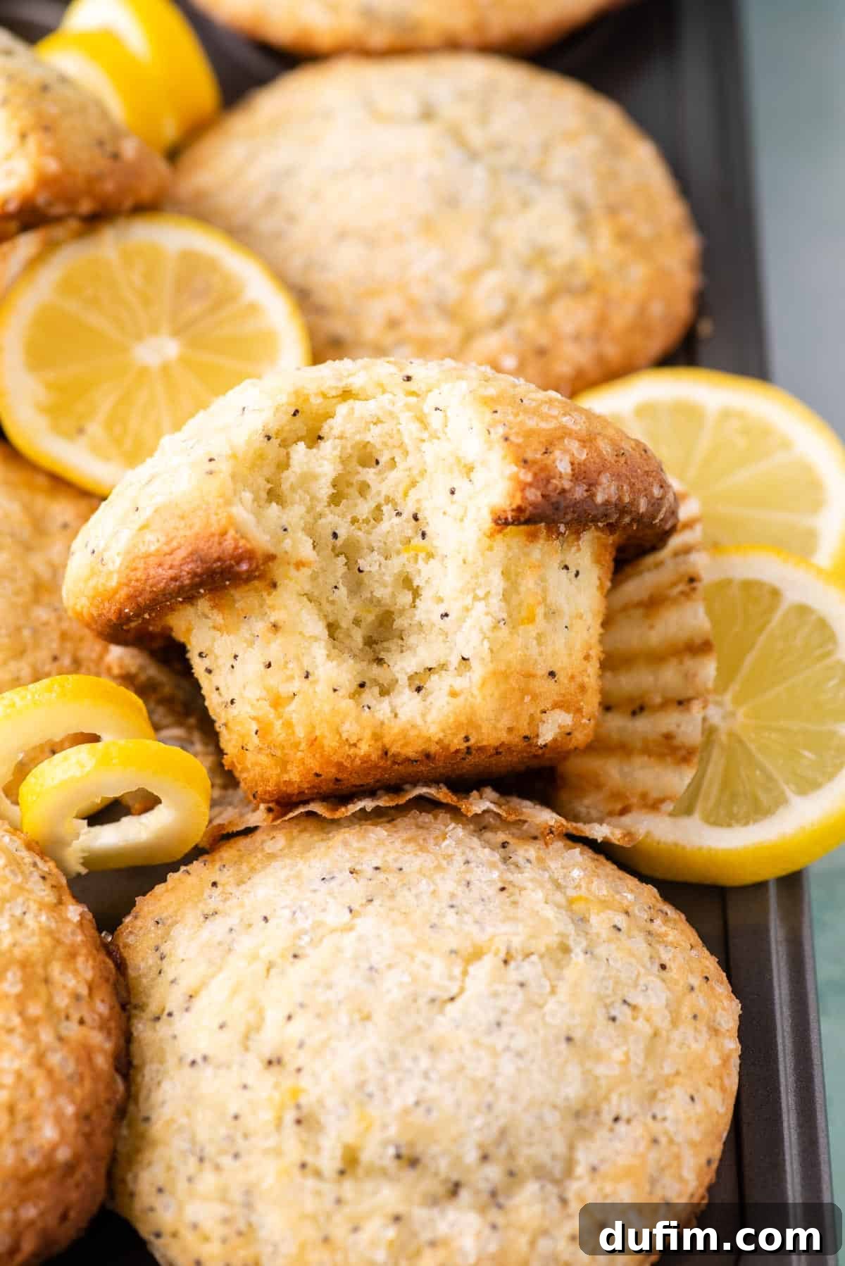 Zesty Lemon Poppy Seed Delights 7 A close-up view of a fresh batch of golden lemon poppy seed muffins, still resting in their baking pan, surrounded by vibrant lemon slices and peels, showcasing their perfectly domed tops.
