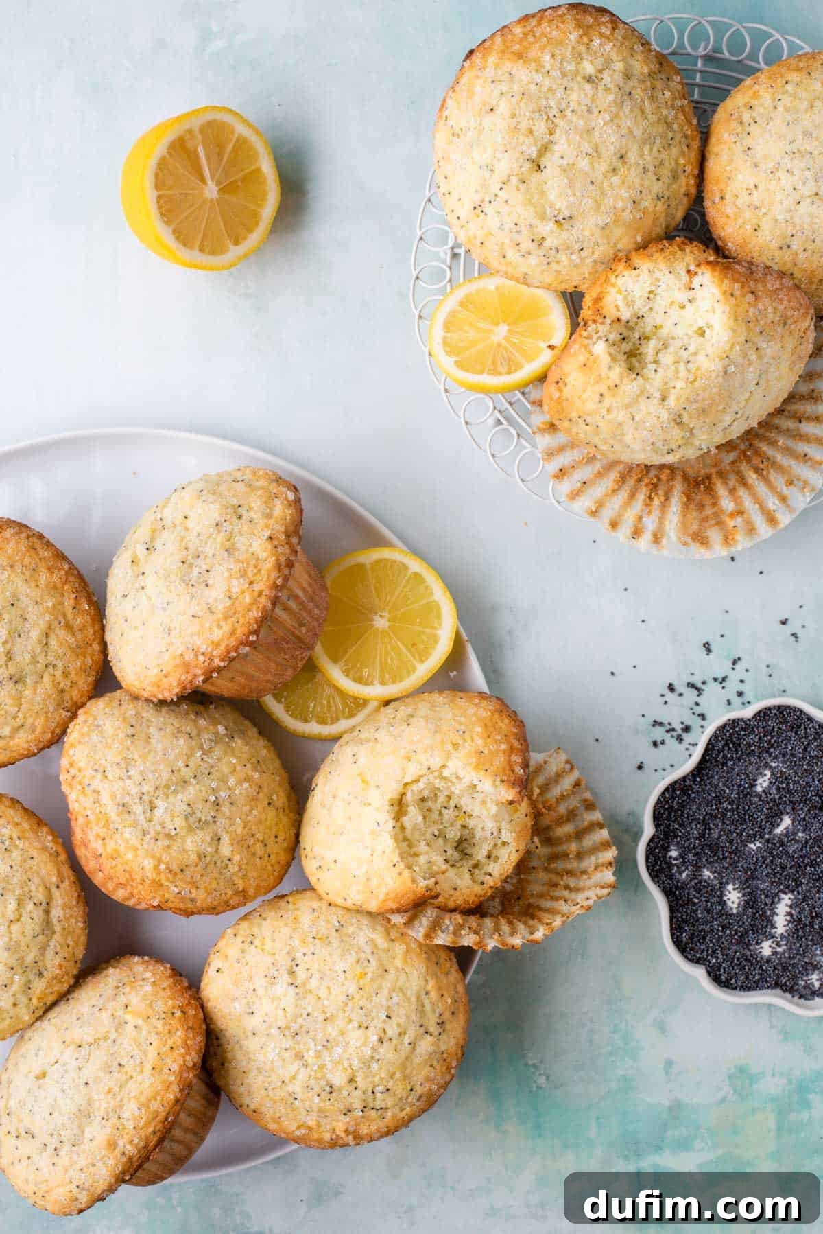 Zesty Lemon Poppy Seed Delights 8 Two plates stacked high with delicious lemon poppy seed muffins, some partially eaten, arranged artfully with fresh lemon slices and a small bowl of poppy seeds, creating an enticing display.