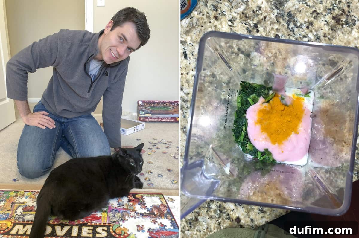 Ryan sick with the flu, followed by a photo of a vibrant turmeric smoothie used for recovery