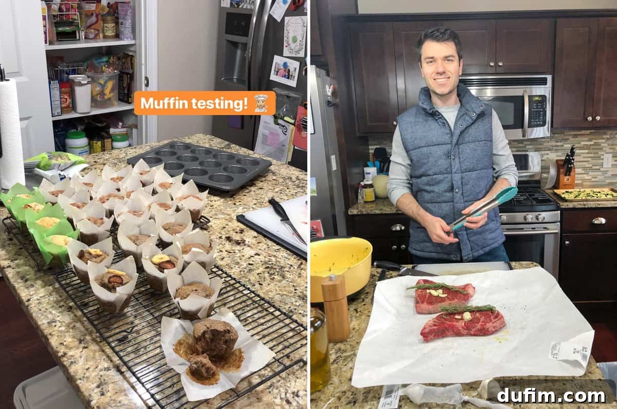 Freshly baked muffins from recipe testing, next to Ryan grilling steaks and hot dogs