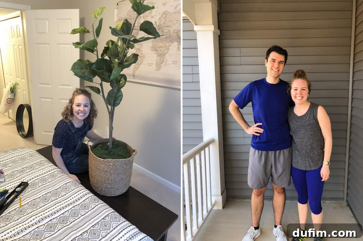 Stylish guest bedroom decor with a DIY statement tree, and a funny photo of Ryan and I in matching running outfits