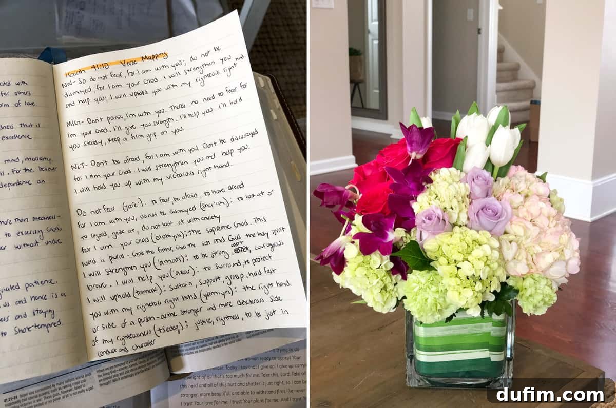 Bible verse mapping journal open to scripture, and a beautiful flower bouquet received as a surprise