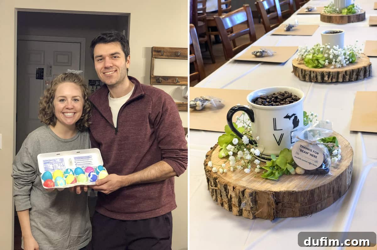 Friends dying Easter eggs, with colorful results including many blue eggs; church luncheon decorated with coffee cups and flowers