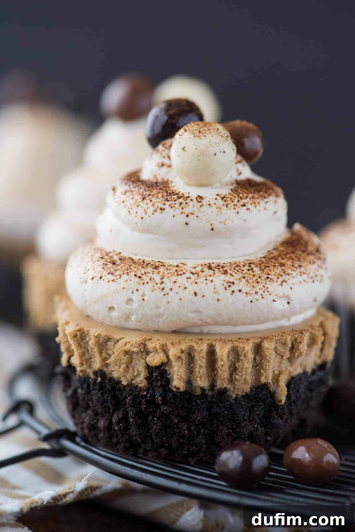 This is a crowd favorite mini coffee cheesecake recipe that you’ll use over and over! The whole recipe is only 7 ingredients and you make it in a regular size muffin pan! Plus, you can do an oreo crust or graham cracker crust for these mini espresso cheesecakes. #minicheesecake #coffeecheesecake #minicoffeecheesecake #espressocheesecake #mochacheesecake A perfectly set mini coffee cheesecake, adorned with coffee-infused whipped cream and dark espresso beans, cools elegantly on a wire rack.