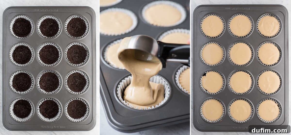This is a crowd favorite mini coffee cheesecake recipe that you’ll use over and over! The whole recipe is only 7 ingredients and you make it in a regular size muffin pan! Plus, you can do an oreo crust or graham cracker crust for these mini espresso cheesecakes. #minicheesecake #coffeecheesecake #minicoffeecheesecake #espressocheesecake #mochacheesecake A step-by-step collage demonstrating how to make mini coffee cheesecakes, showing preparation of the crust, mixing the batter, baking, and the final decorated product.
