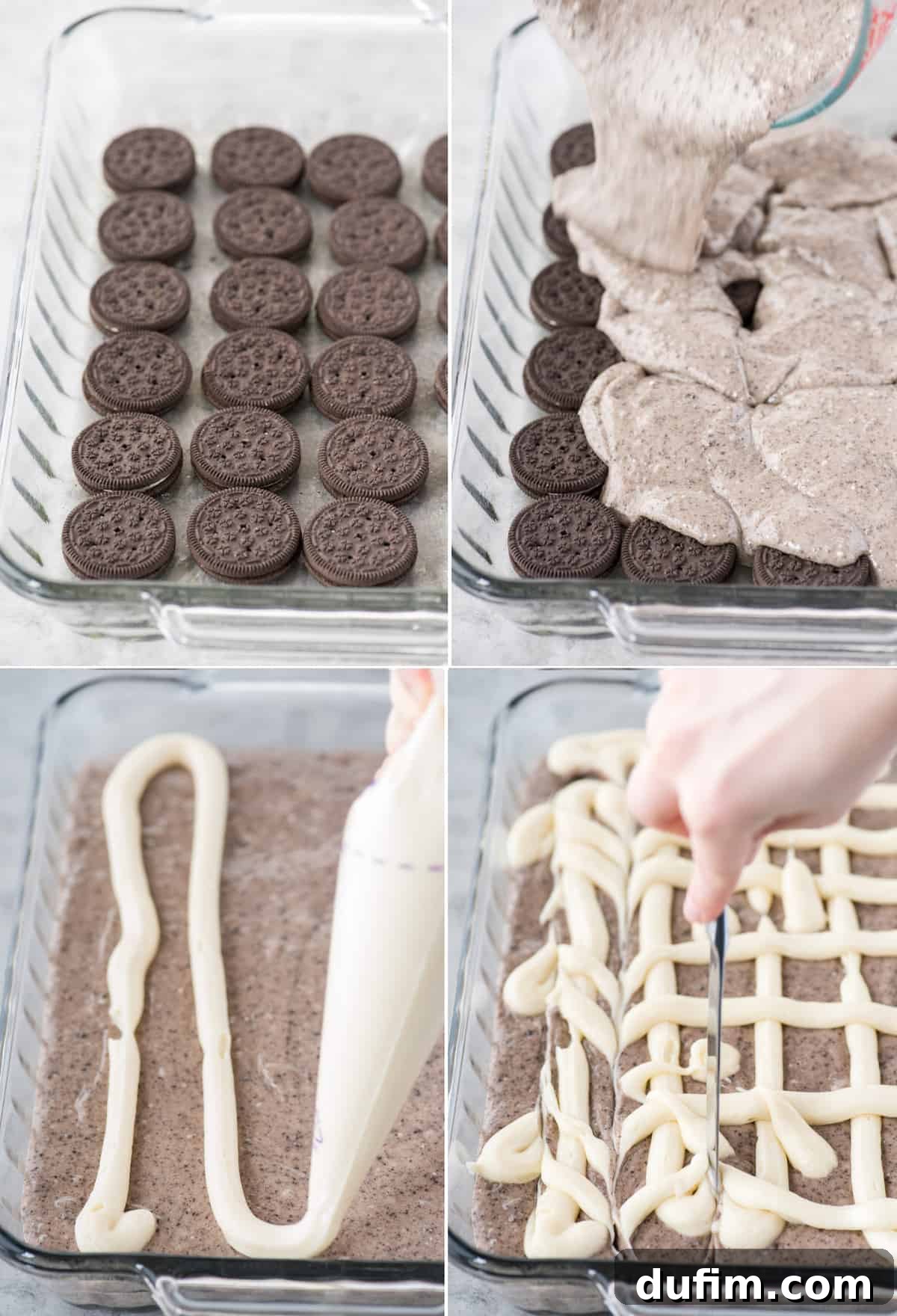 A four-panel collage illustrating the step-by-step process of making Oreo Earthquake Cake, from layering Oreos to pouring batter and piping frosting.