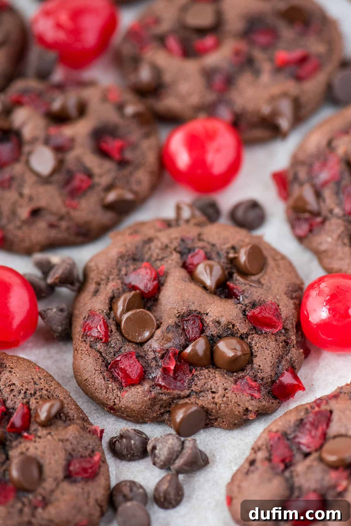 black forest cookies with maraschino cherries and chocolate chips on white background 