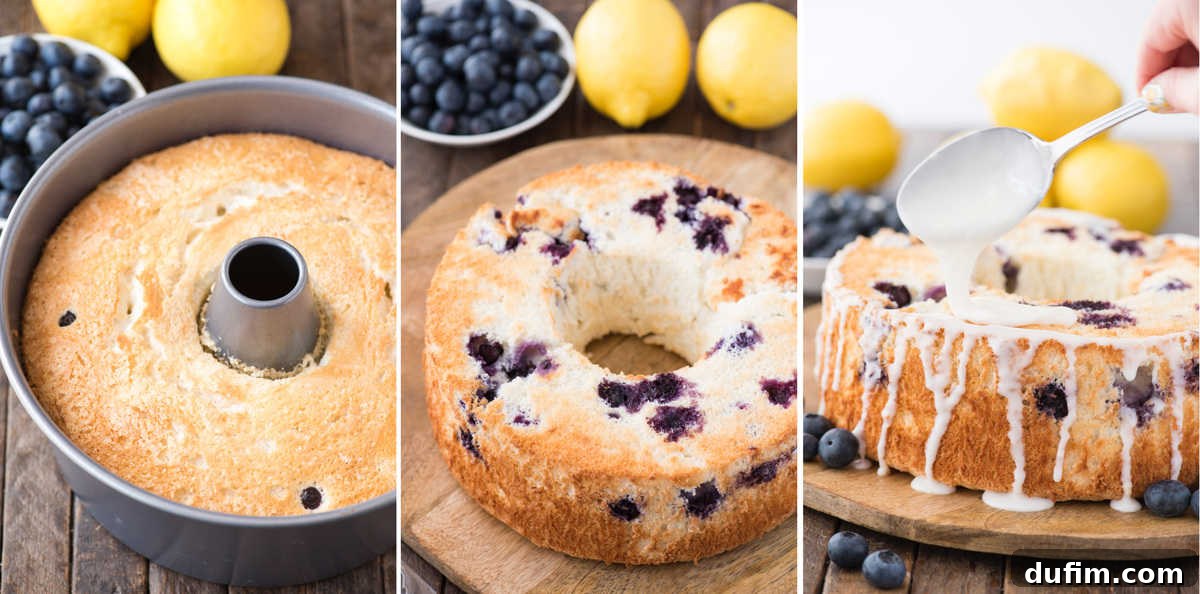 A collage featuring stages of making lemon blueberry angel food cake: the cake in its pan, a whole cake on a wooden plate, and a close-up of glaze being drizzled over a slice.