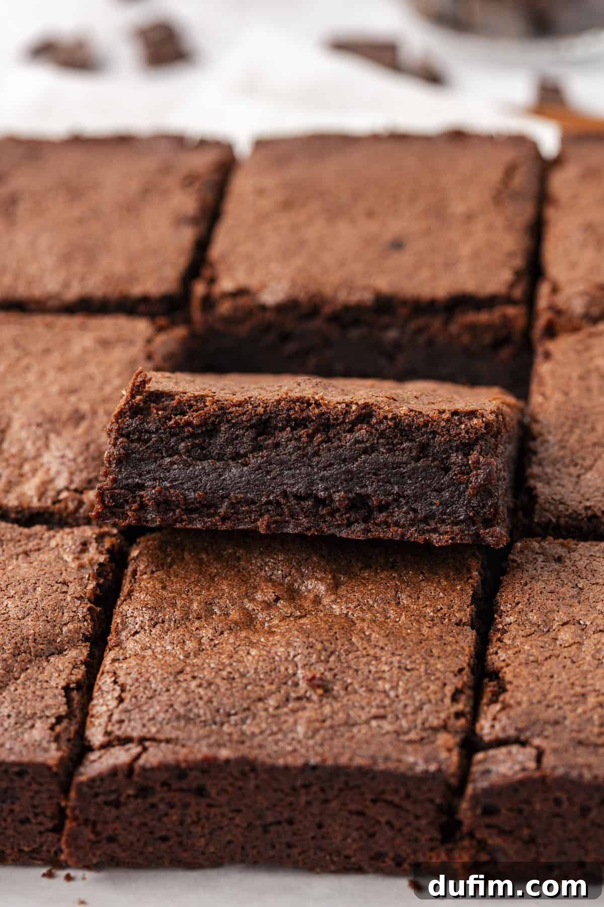 Decadent Chocolate Brownies 3 Perfectly cut squares of homemade brownies arranged neatly, showcasing their dense, fudgy interior and beautiful shiny crust, ready to be enjoyed.
