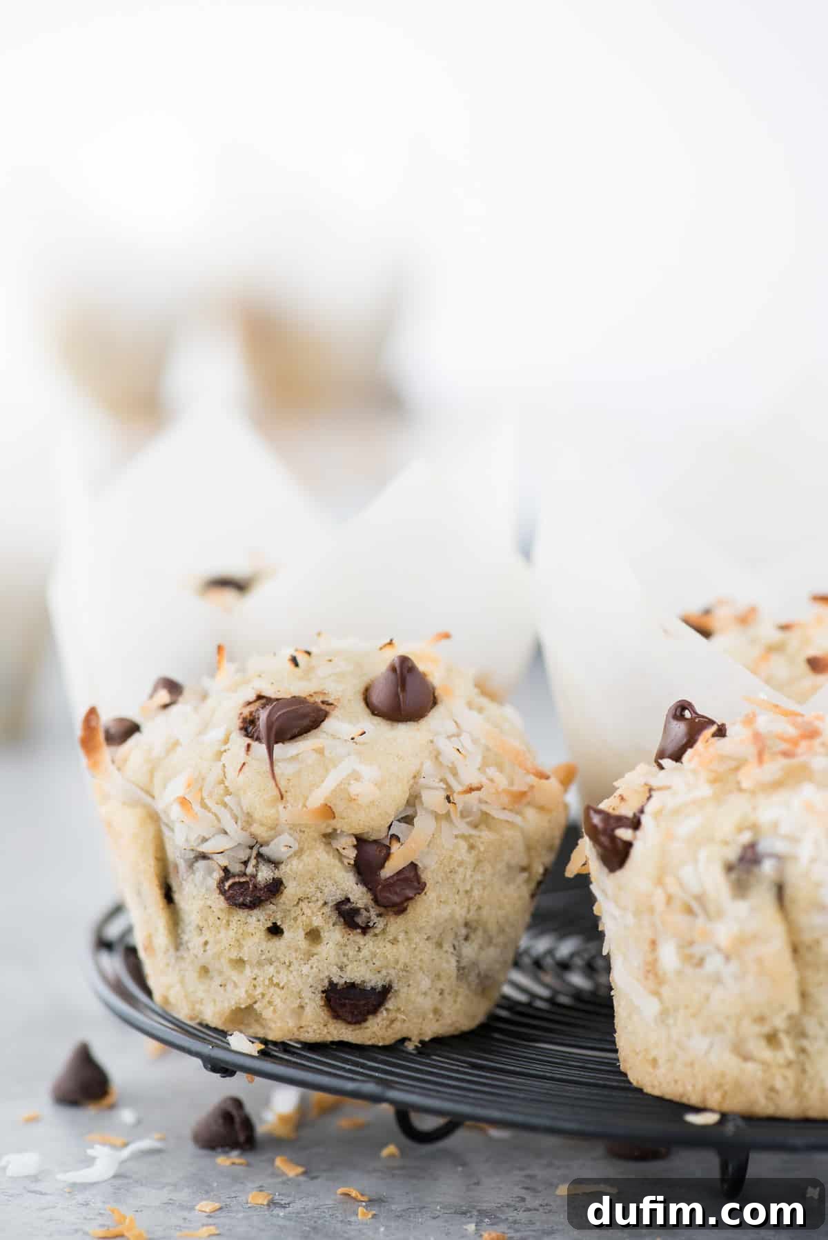Tropical Coconut Chocolate Chip Muffins 5 Freshly baked coconut chocolate chip muffins cooling on a black wire rack, showcasing their fluffy texture and enticing golden-brown tops.