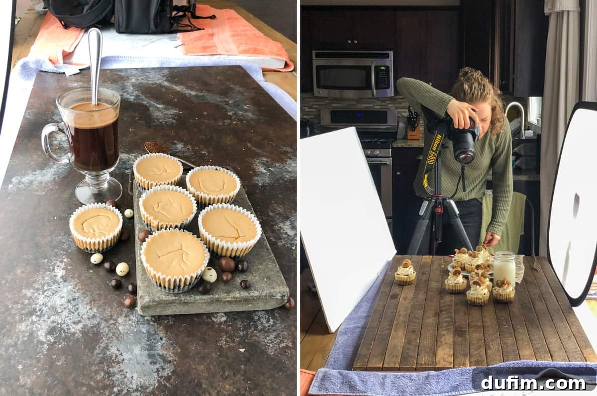 A vibrant collage showcasing May's diverse activities: delicious mini cheesecakes, a newborn baby, a cozy dog by the fire, baking, and DIY projects.