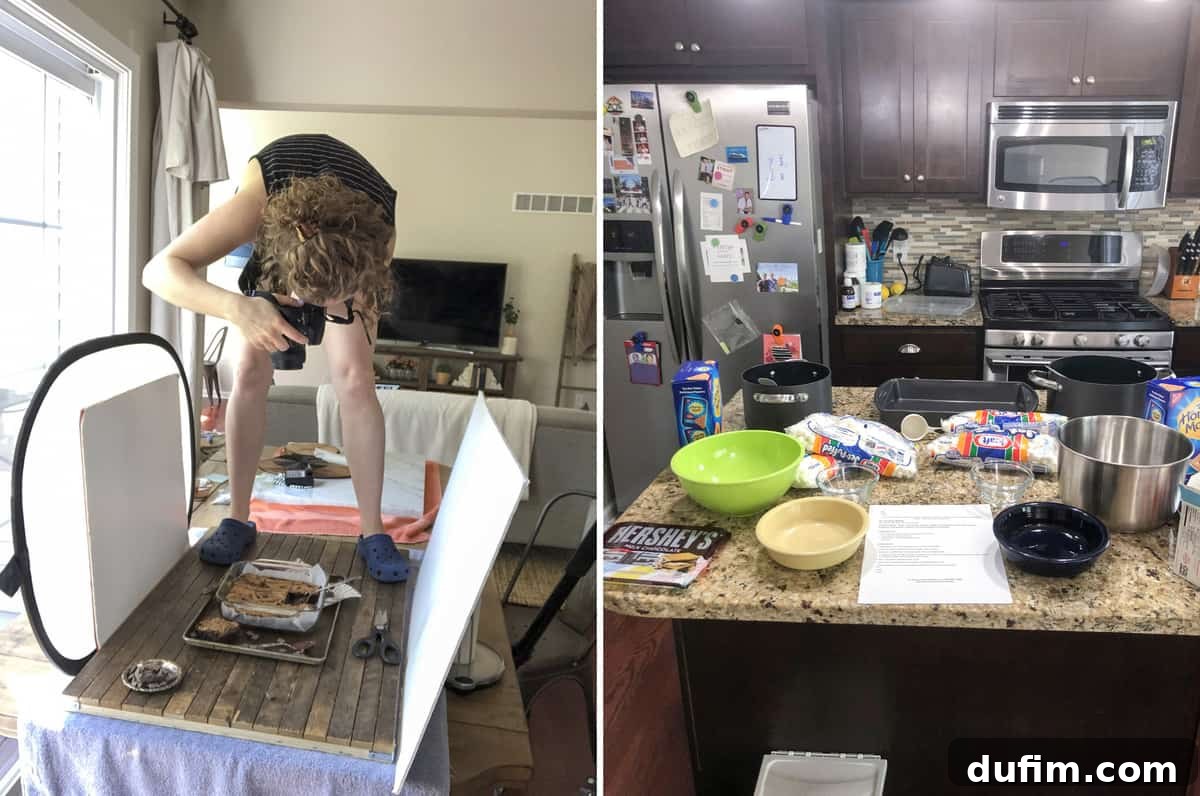 A split image: one showing multiple trays of brownies from various recipe tests, and the other displaying beautifully swirled cream cheese brownies, highlighting the intricate pattern.