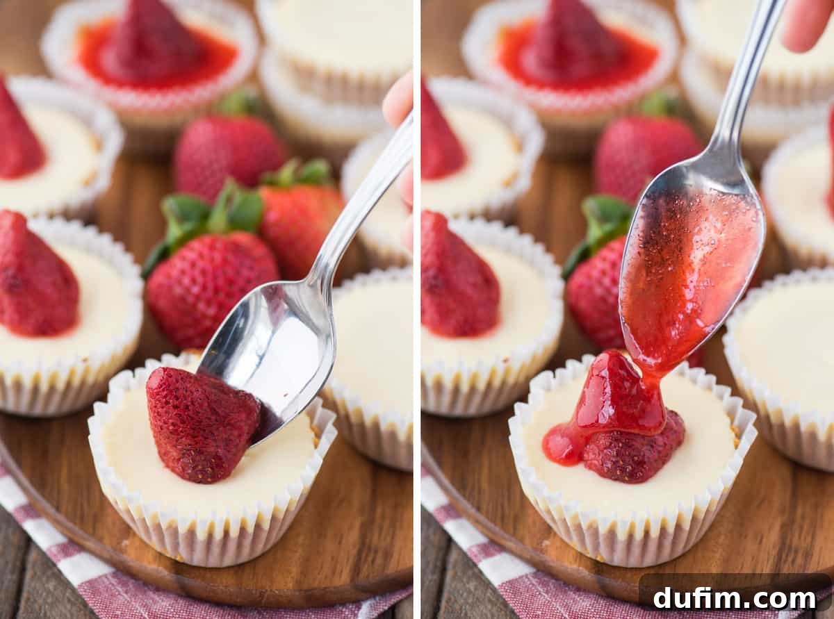 A three-panel collage illustrating the process of adding luscious homemade strawberry topping to mini plain cheesecakes. The first image shows plain cheesecakes, the second a spoonful of sauce being added, and the third the finished product with a whole strawberry garnish.