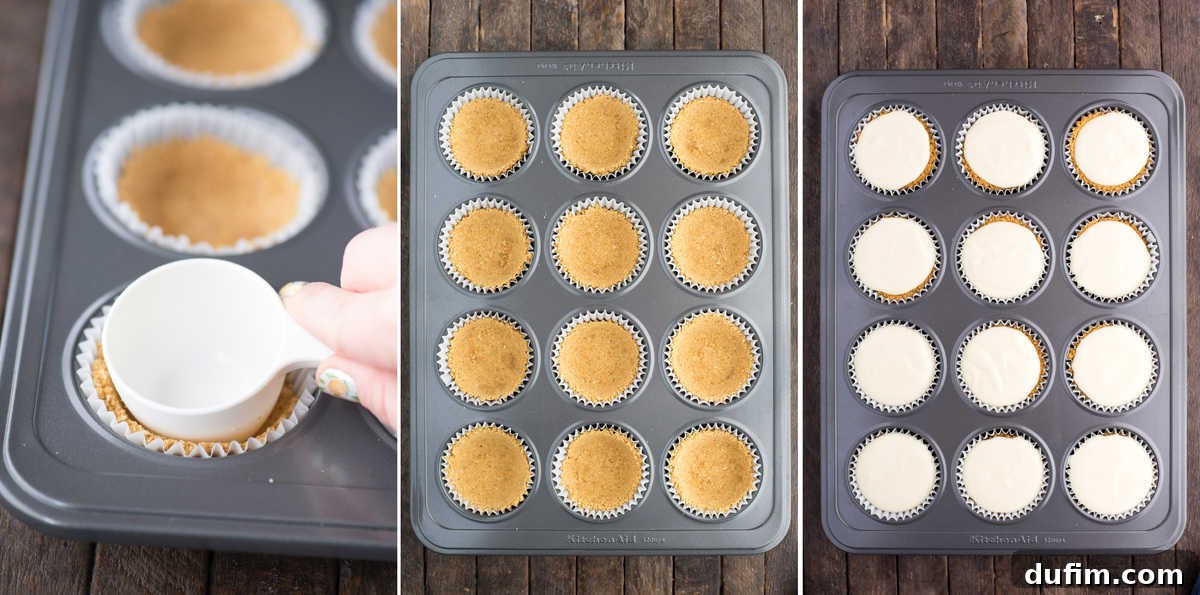 A four-panel collage demonstrating how to prepare a graham cracker crust for mini cheesecakes. The images show combining ingredients, pressing the crust into muffin liners, and the pre-baked crusts, highlighting the ease of preparation.
