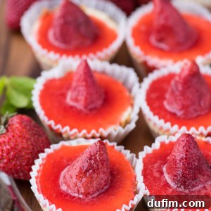 Mini strawberry cheesecakes topped with bright red strawberry sauce and a whole strawberry, arranged on a wooden board with fresh strawberries and mint leaves in the background.