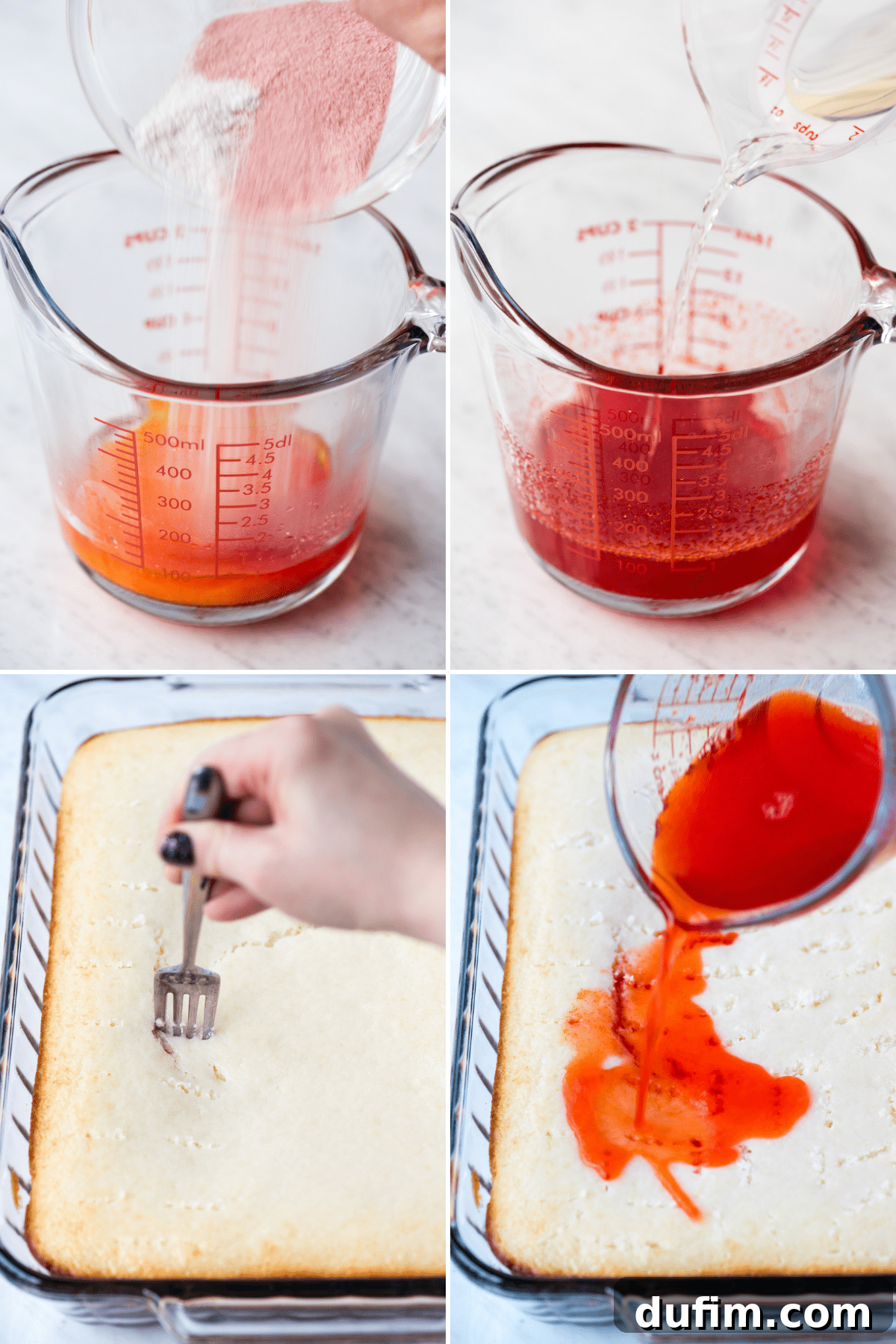 A visual guide showing the step-by-step process of making a Sangria Poke Cake, from baking the cake to infusing it with jello and topping with whipped cream.