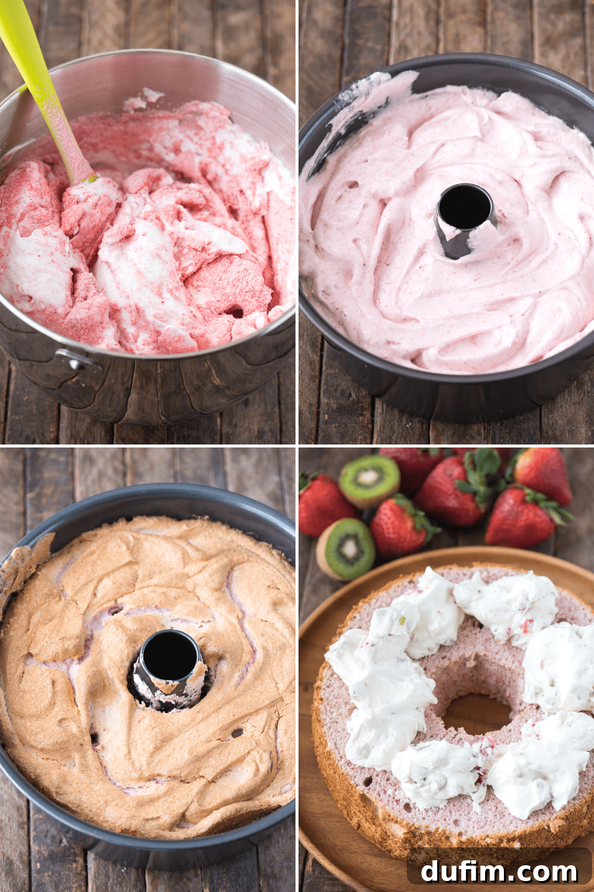Heavenly Strawberry Cloud Cake 2 collage image of how to make strawberry angel food cake batter in mixing bowl and in angel food cake pan