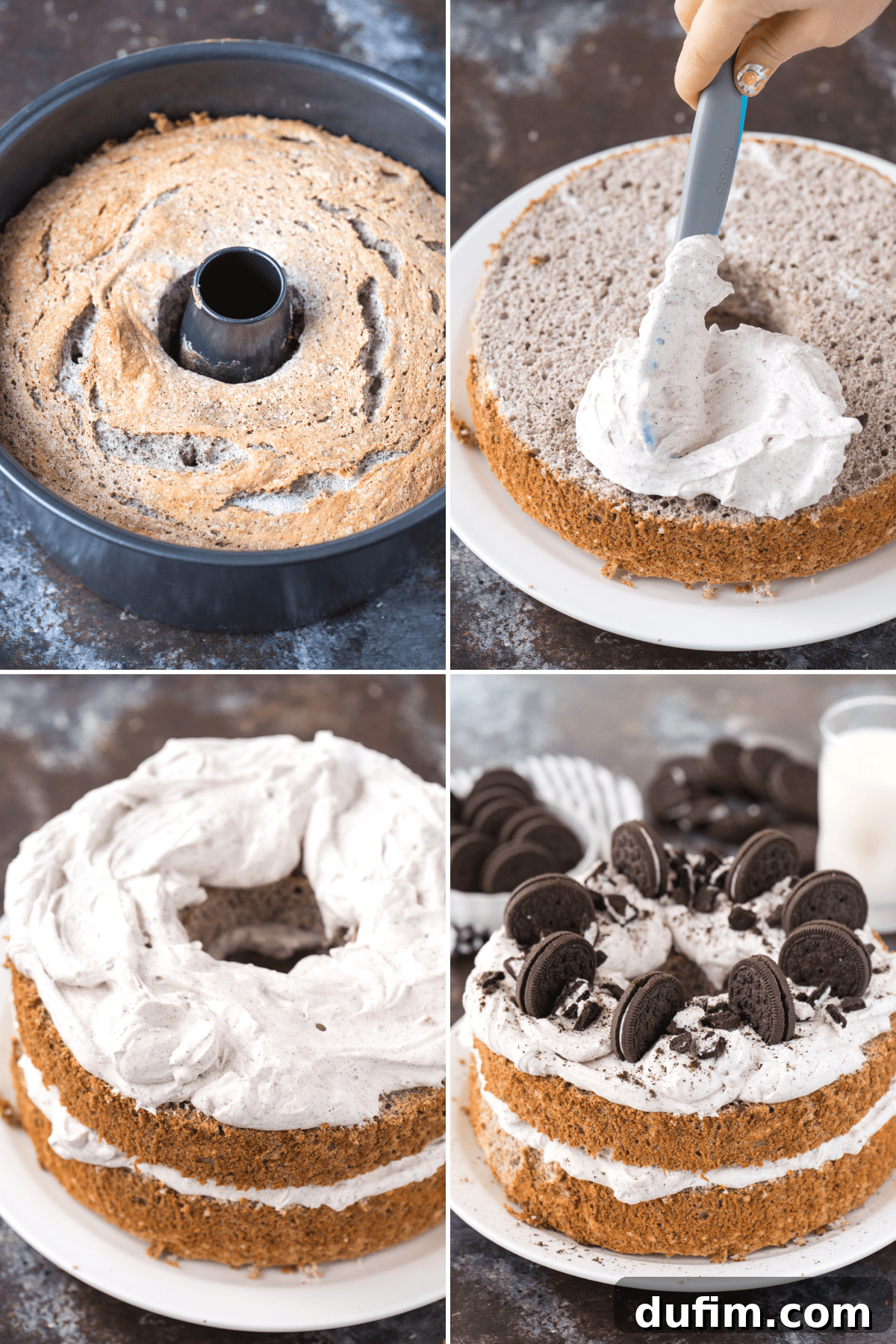 4 image collage of Oreo Angel Food Cake with Oreo whipped cream and crushed Oreo pieces on a white plate on a dark background