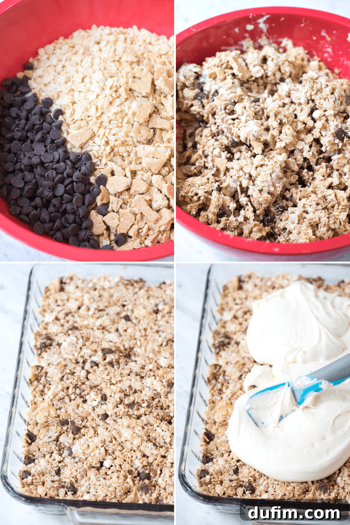 No-Bake S'mores Rice Krispie Treats 4 A visual collage demonstrating how to make s’mores rice krispie treats, showing ingredients mixed, pressed into a pan, and frosted.