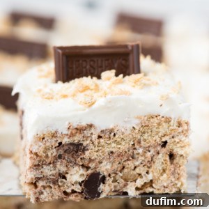 A close-up of smores rice krispie treats with a crumbly, smores-like texture, topped with white frosting and a small piece of Hersheys chocolate. Crushed crumbs are sprinkled on top.
