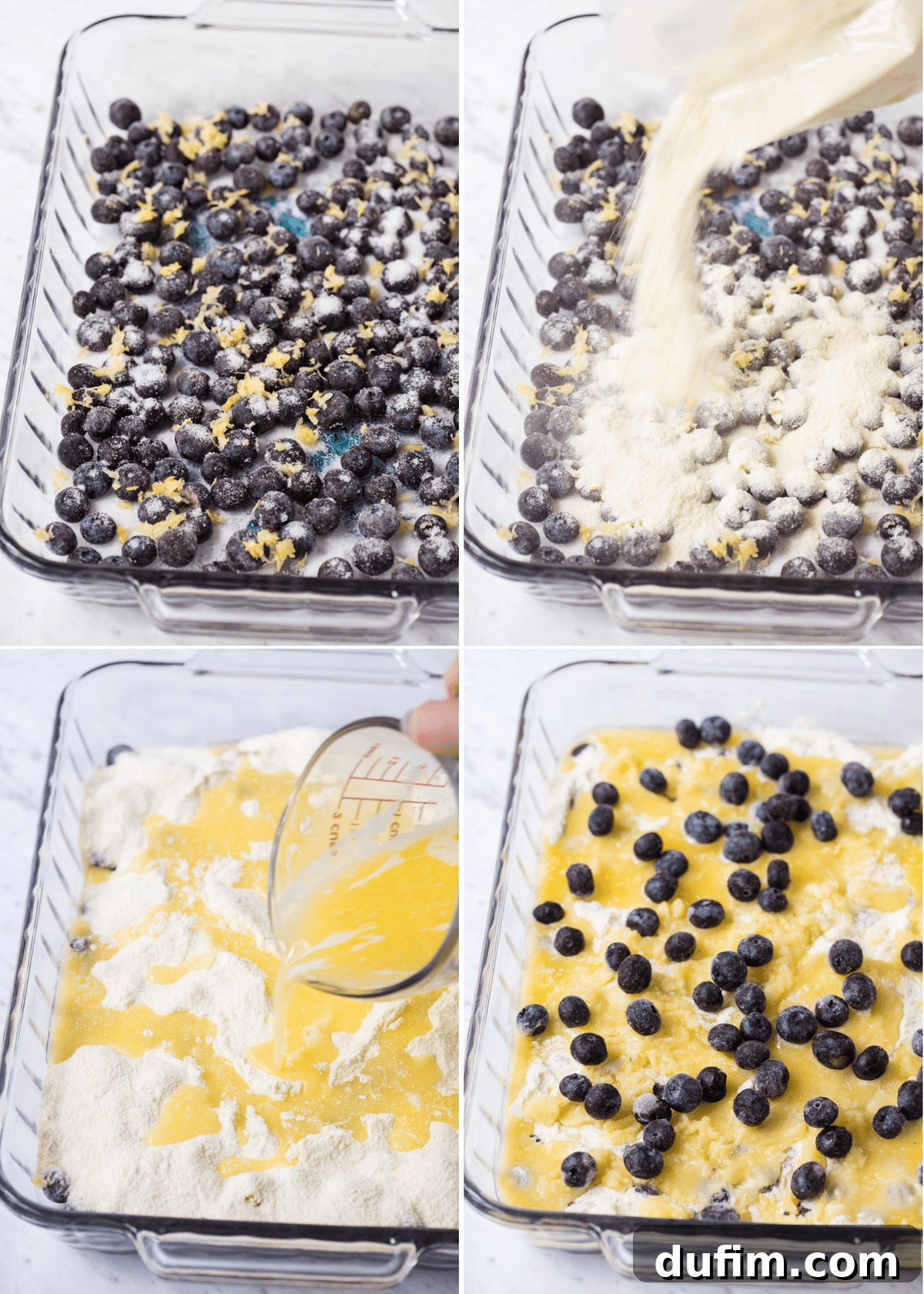 Zesty Lemon Blueberry Bake 4 A visual collage showing the step-by-step process of assembling the Lemon Blueberry Dump Cake in a glass 9x13 inch pan.