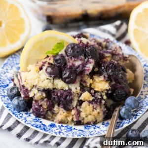 Zesty Lemon Blueberry Bake 7 A plate of lemon blueberry dump cake crumble topped with a lemon slice and mint, served on a blue and white dish with fresh blueberries nearby and a spoon on a striped napkin.