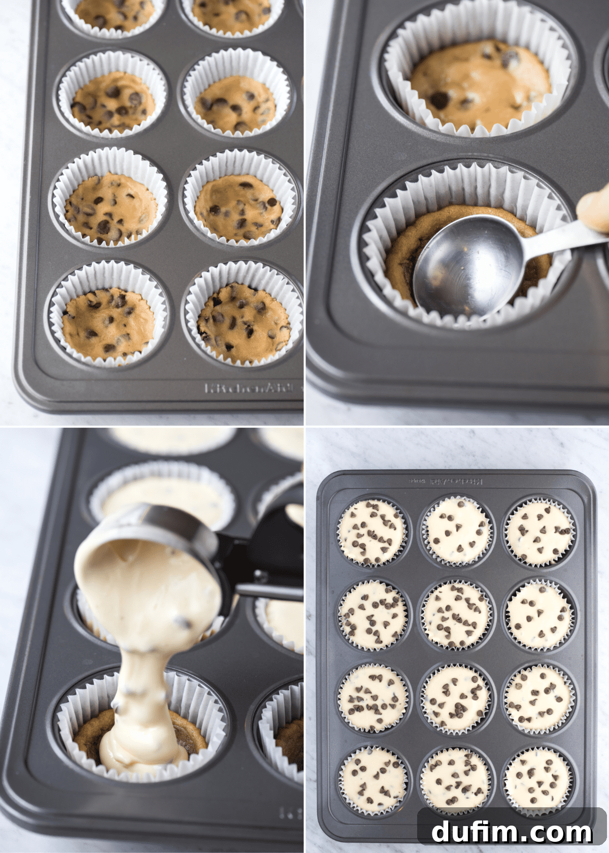 A step-by-step collage demonstrating how to make mini chocolate chip cookie dough cheesecakes, showing the cookie dough crust being pressed, the cheesecake batter being added, and the finished baked cheesecakes.