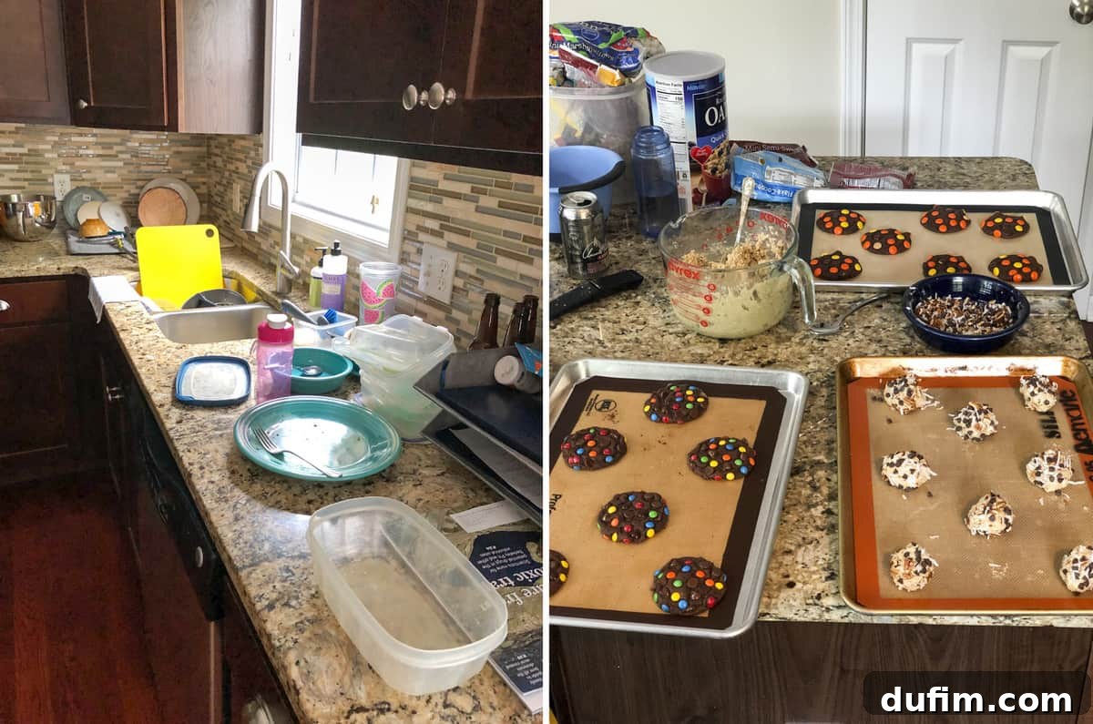 A candid view of a real, lived-in kitchen counter, showing a relatable level of everyday mess and activity from cooking and baking.