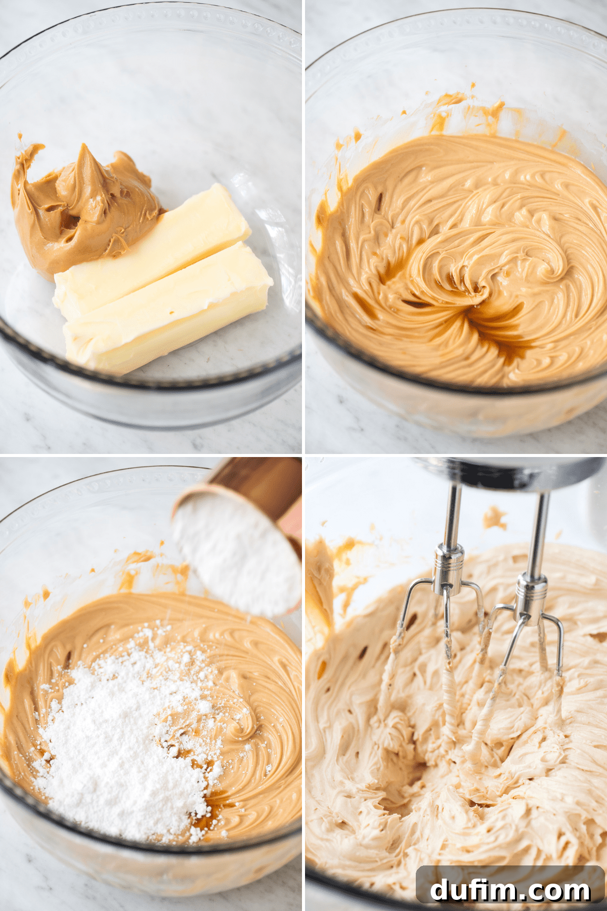 Decadent Peanut Butter Fluff 3 A step-by-step visual guide demonstrating the process of making smooth and creamy peanut butter frosting.