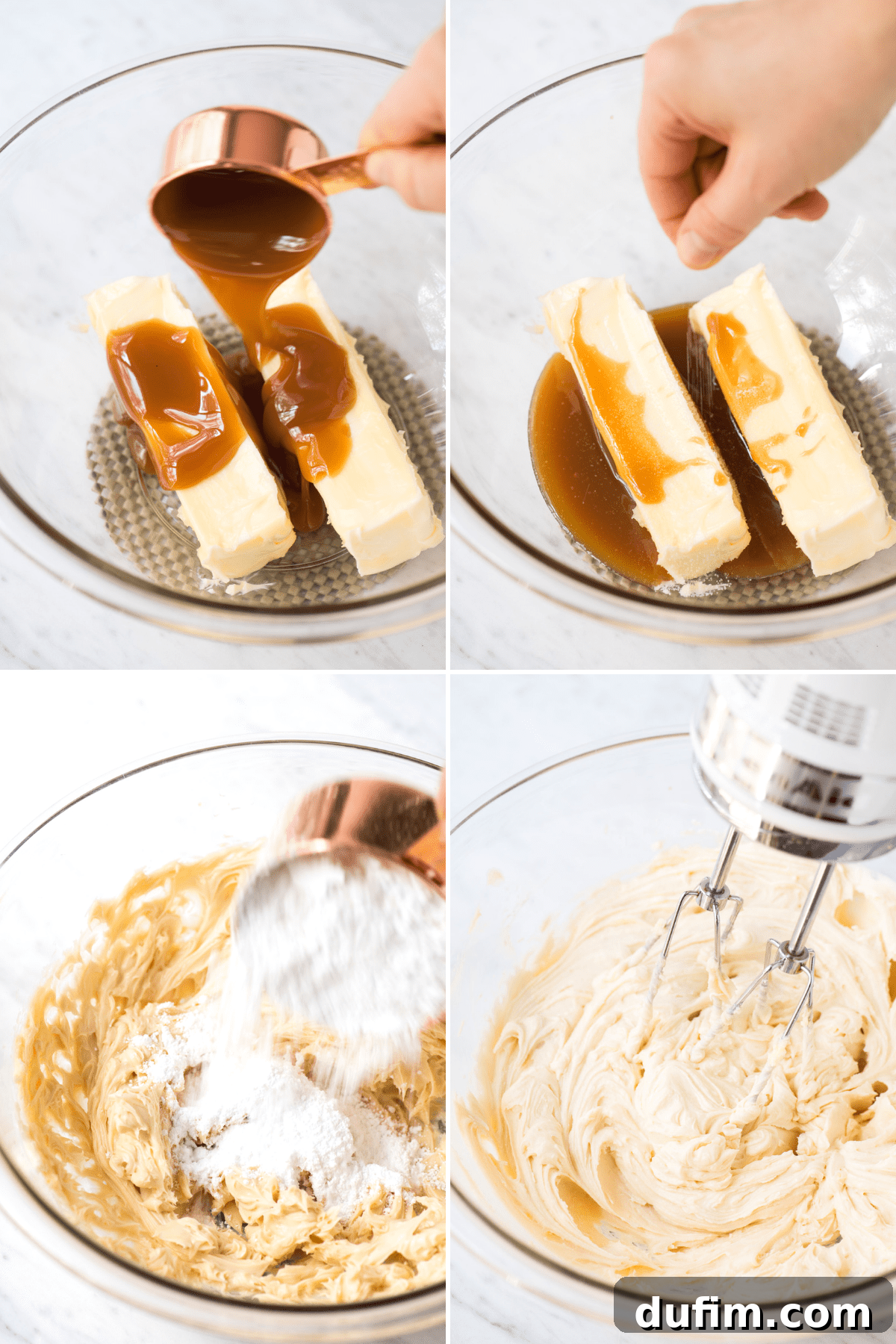 Salted Caramel Buttercream Perfection 4 A helpful collage illustrating the step-by-step process of making salted caramel frosting, showing key ingredients and mixing stages. This easy buttercream recipe is quick to master.