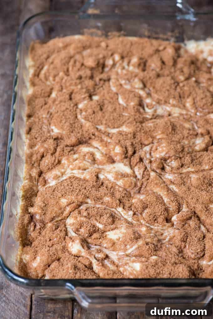 Effortless Apple Spice Coffee Cake 10 Apple coffee cake batter spread evenly in a baking pan with cinnamon sugar swirled on top, ready for the oven.