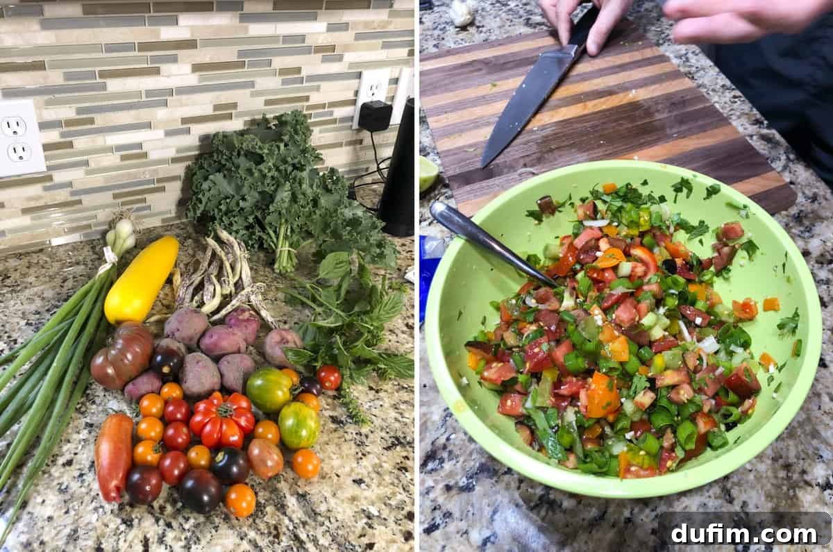 A bountiful haul of fresh produce from a local farm share, featuring unique items like dragon tongue beans, alongside ingredients for homemade salsa.
