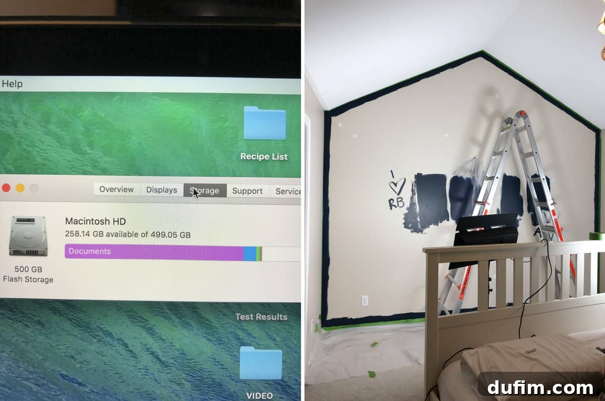 A computer screen showing increased available storage space after a cleanup, followed by a partially painted bedroom feature wall in a deep navy blue, with tools for a future renovation.