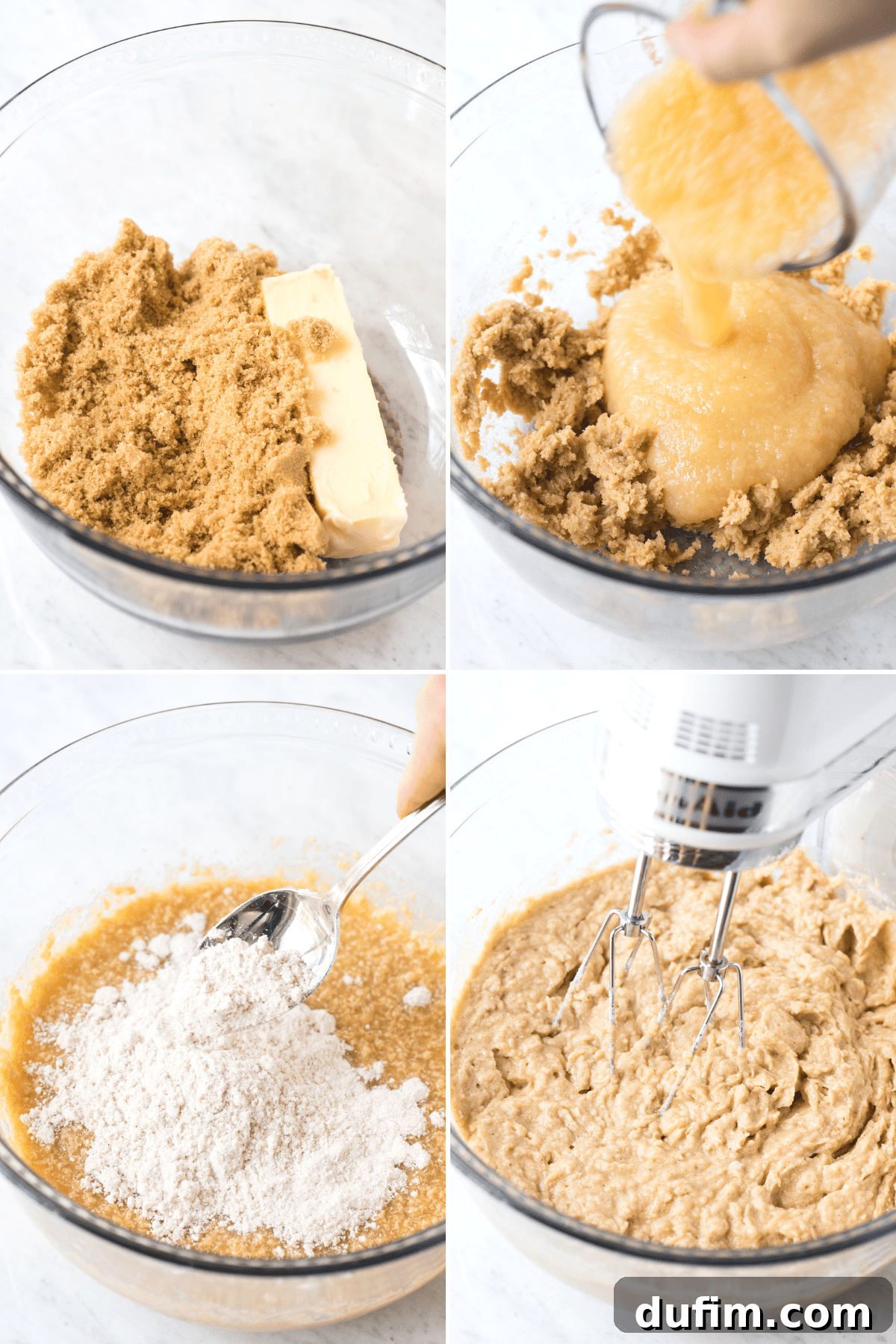 Spiced Apple Harvest Cupcakes 5 A visual collage showing the step-by-step process of mixing and preparing apple spice cupcake batter in a kitchen setting.