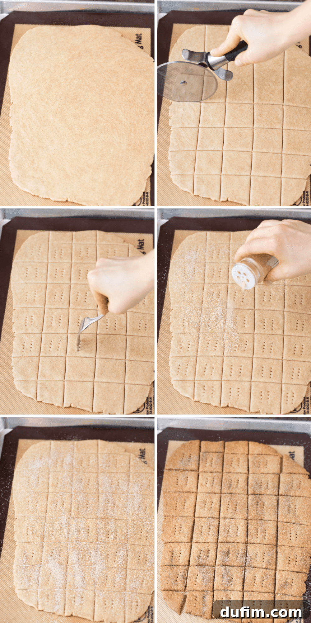 Pumpkin Spice Graham Snaps 5 A step-by-step visual guide showing how to roll out homemade pumpkin graham cracker dough evenly on a baking mat, preparing it for cutting.