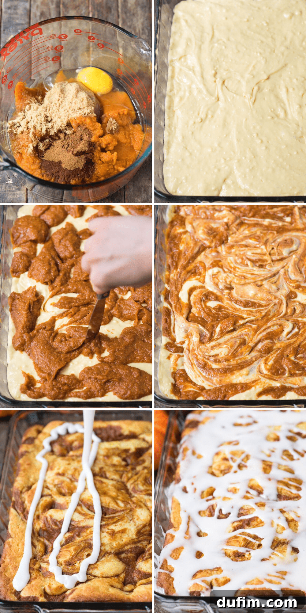 A step-by-step collage demonstrating how to make the easy pumpkin swirl cake with cake mix. Images show ingredients being mixed, batter in a pan, pumpkin mixture being added, and the final swirl.