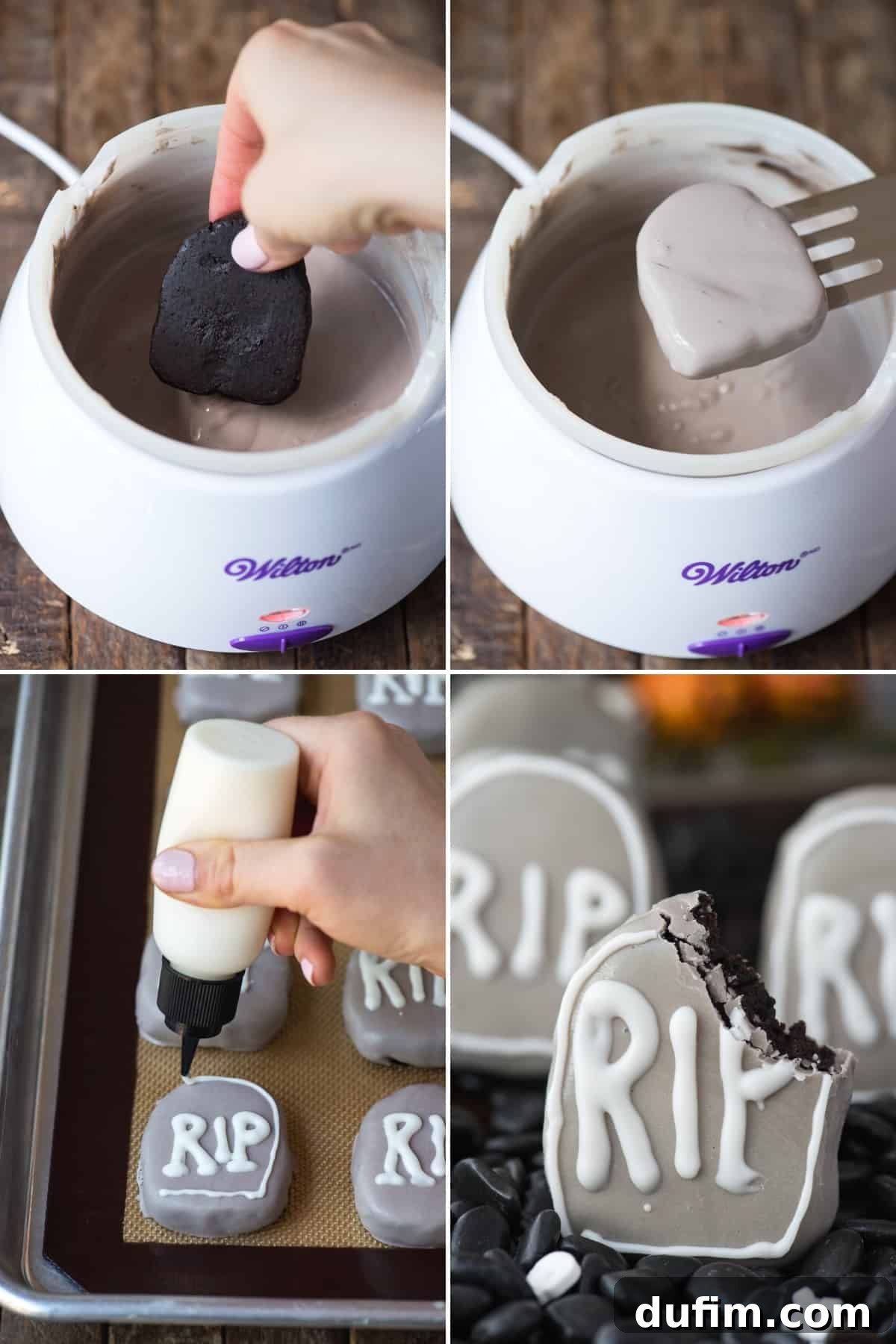 A four-panel collage demonstrating the step-by-step process of making tombstone-shaped Oreo balls. It shows crushing Oreos, mixing with cream cheese, shaping the tombstones, and dipping them in gray candy melts.