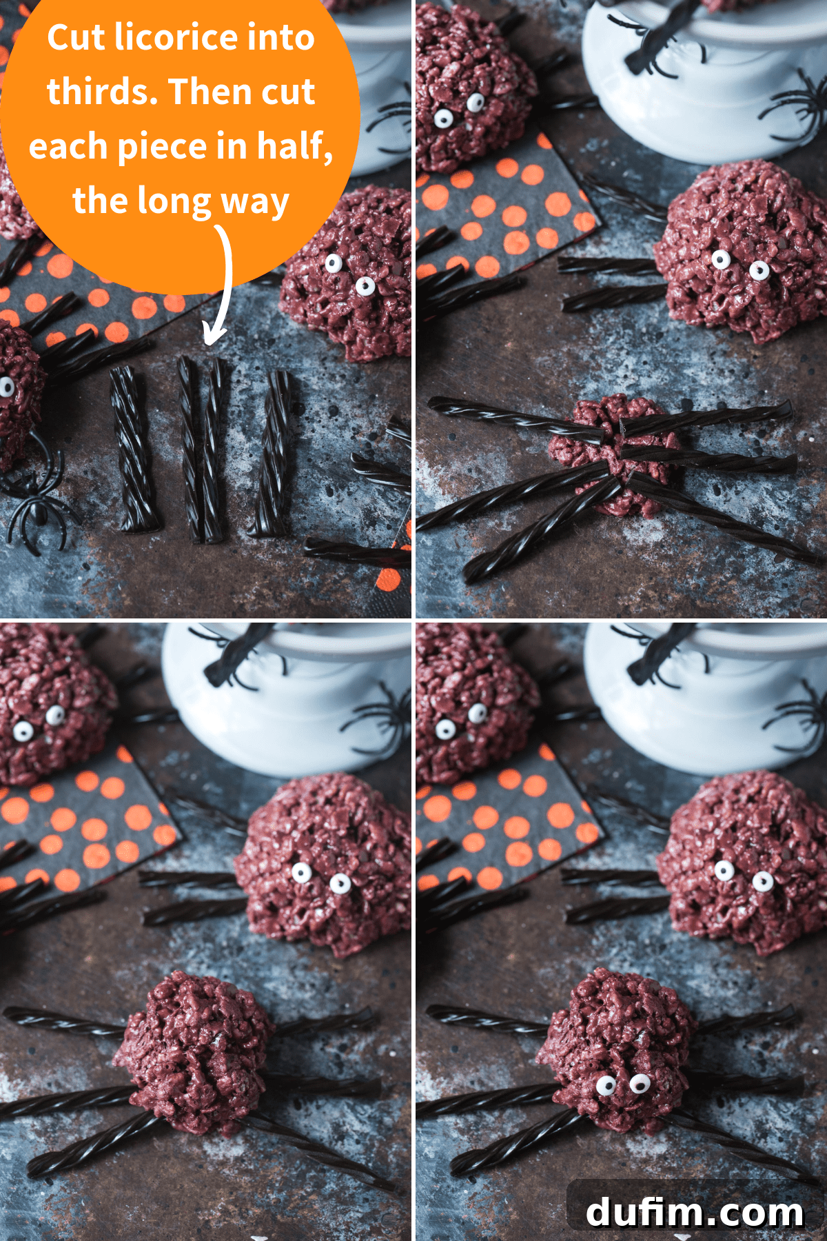 Spooky Spider Rice Krispie Treats 4 A step-by-step visual collage demonstrating how to make spider rice krispie treats, from preparing ingredients to assembling the final festive snack.
