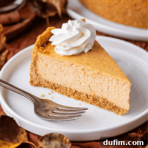 A slice of pumpkin cheesecake with a graham cracker crust, topped with a swirl of whipped cream, sits on a white plate with a fork beside it. Autumn leaves are scattered around the plate.