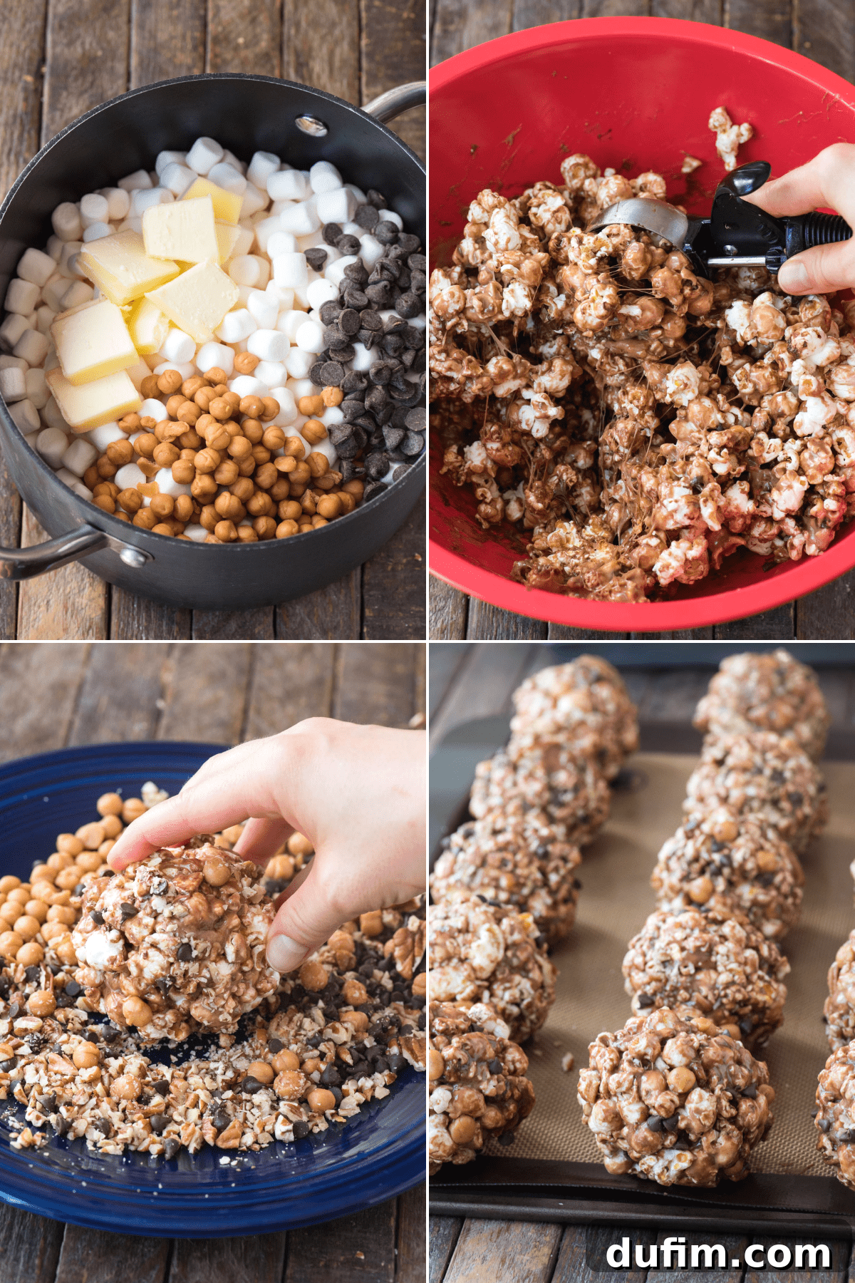 A visual guide on how to prepare turtle popcorn balls, showing key ingredients like marshmallows, caramel bits, chocolate chips, pecans, and freshly popped popcorn, ready for mixing.