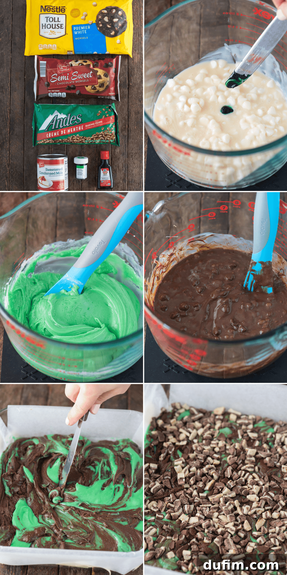A visual step-by-step collage demonstrating how to easily prepare mint chocolate fudge in the microwave, showcasing key stages of the process.