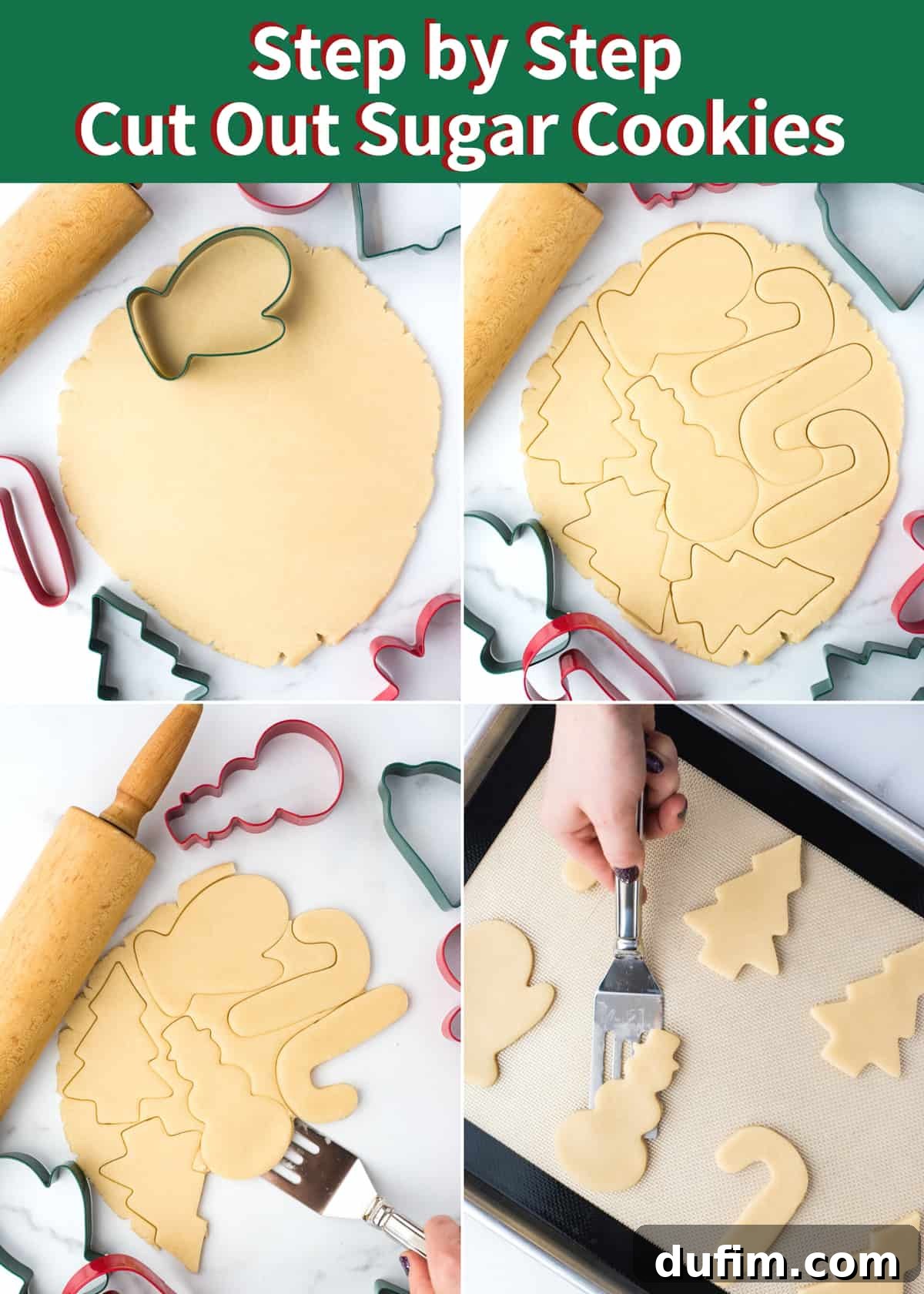 A visual collage illustrating the key steps for making perfect cut-out sugar cookies, with a focus on cold dough for optimal shape retention.