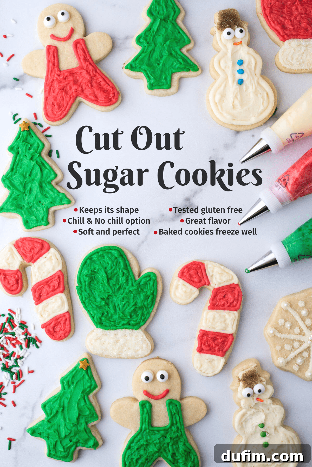 A collage displaying various festive Christmas cut-out sugar cookies on a white background, accompanied by text detailing effective freezing tips for both baked and unbaked cookies.