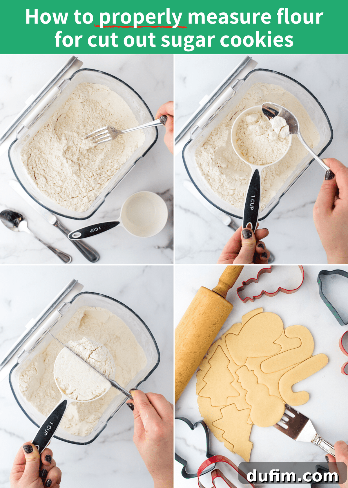 A detailed collage demonstrating the proper technique for measuring flour using the 'spoon and level' method, crucial for achieving perfect, chewy sugar cookies and avoiding dry results.