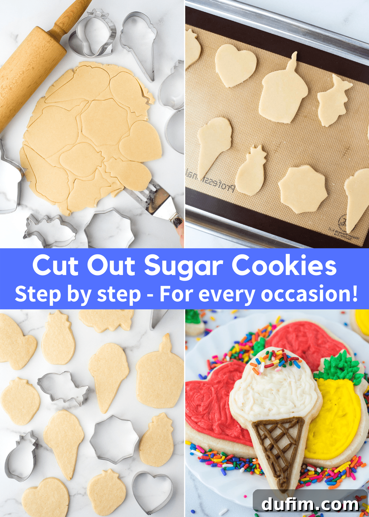 A vibrant collage showcasing various beautifully decorated cut-out sugar cookies for different occasions, illustrating the recipe's versatility for all celebrations.