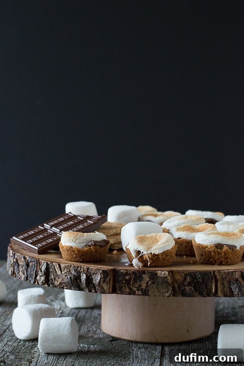 S'mores Poppers 2 S'mores bites arranged on a round wooden cake stand, with additional marshmallows in the foreground against a dark background, highlighting their delicious and golden-brown tops.