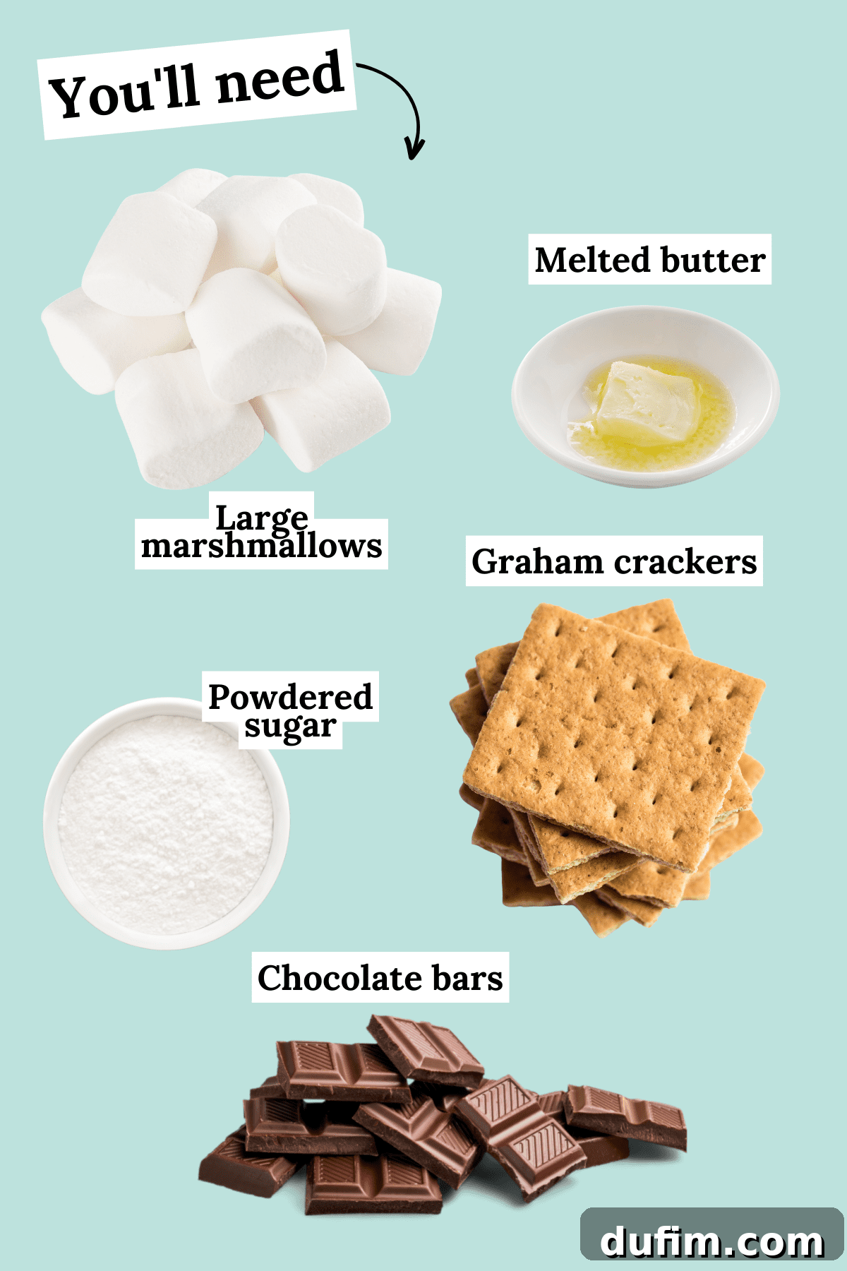 S'mores Poppers 4 A flat lay showing all the ingredients required to make S'mores Bites: graham crackers, powdered sugar, butter, Hershey's chocolate bars, and large marshmallows.