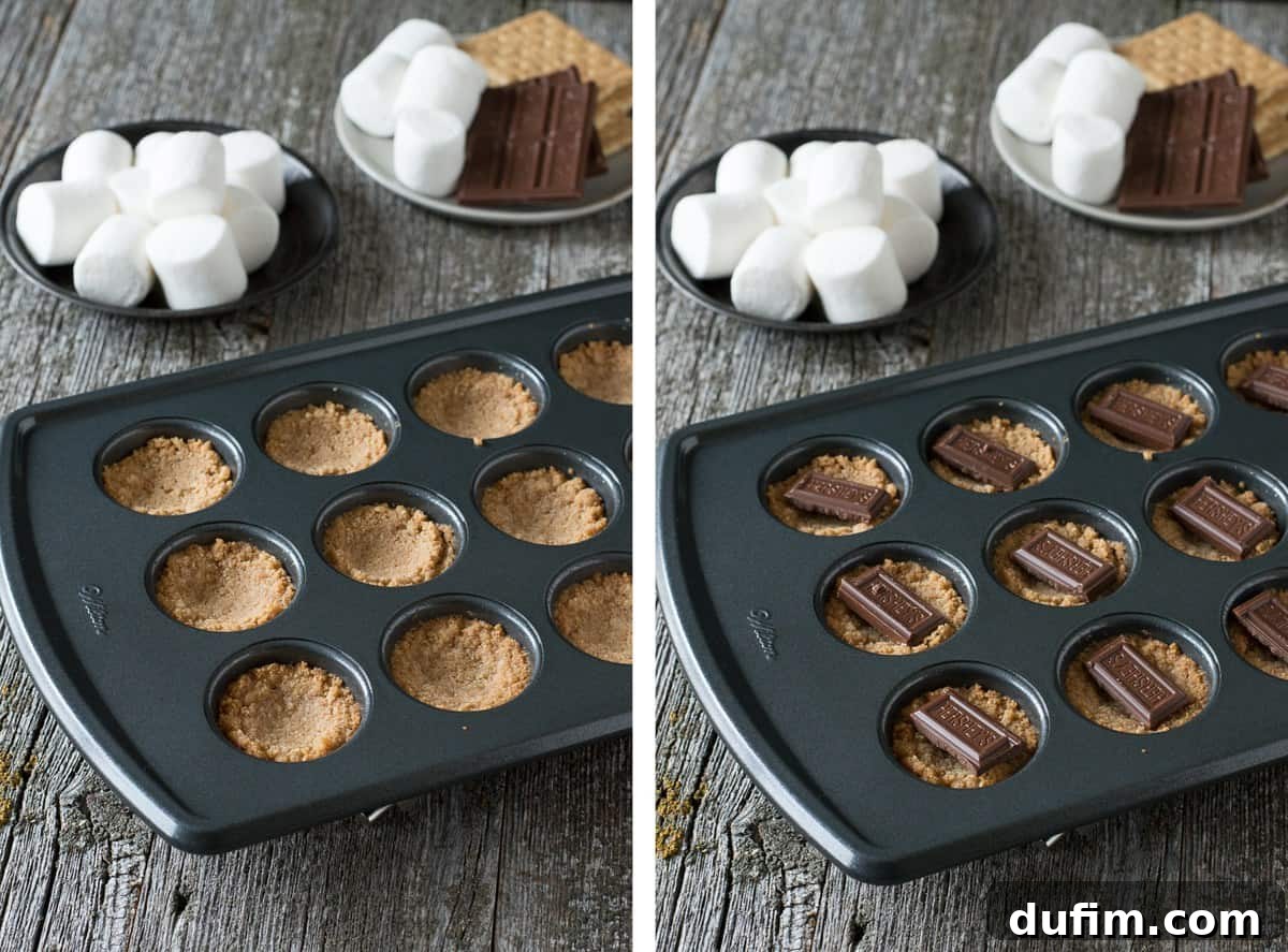S'mores Poppers 5 A collage showing the process of making s'mores bites in a mini muffin pan: mixing the graham cracker crust, pressing it into the pan, and adding chocolate squares after initial baking.