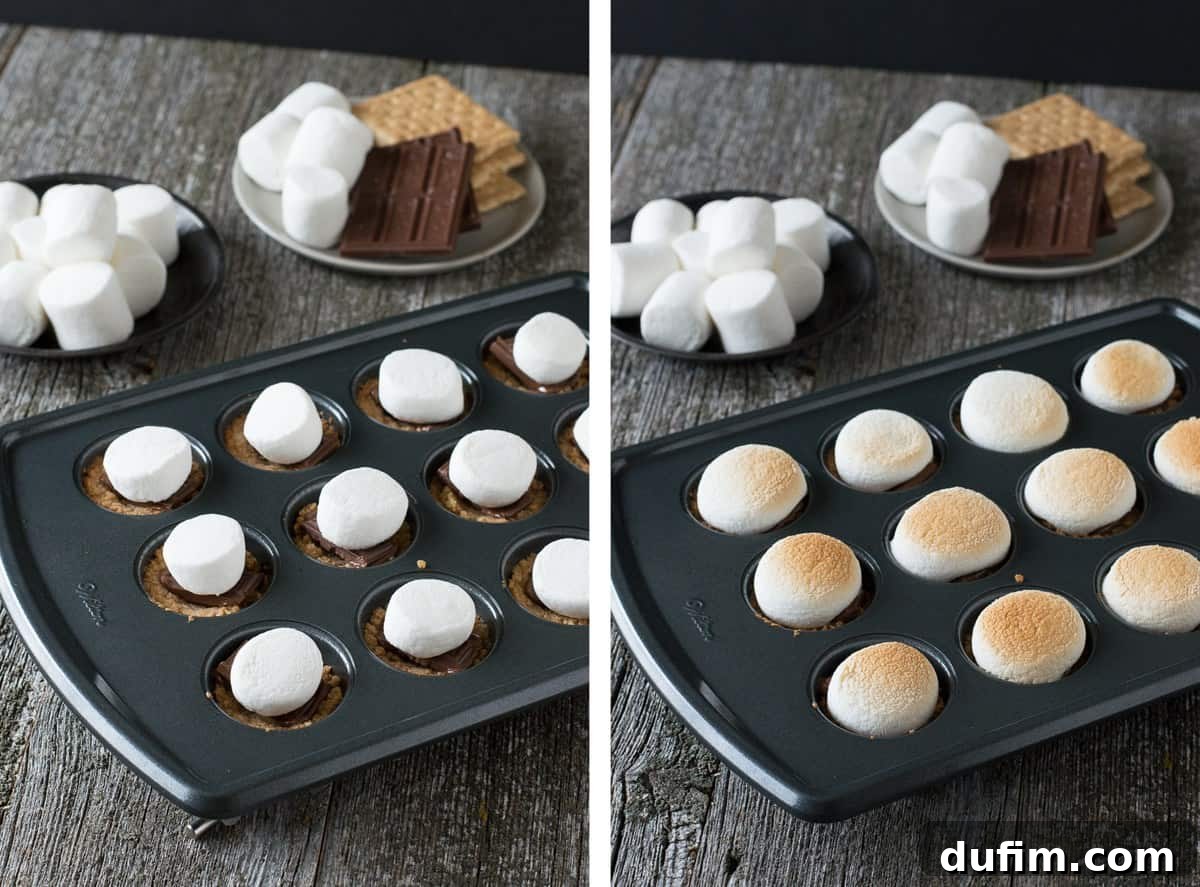 S'mores Poppers 6 A collage demonstrating the final stages of making s'mores bites in a mini muffin pan: adding cut marshmallows to the chocolate-lined crusts, and the finished toasted bites.