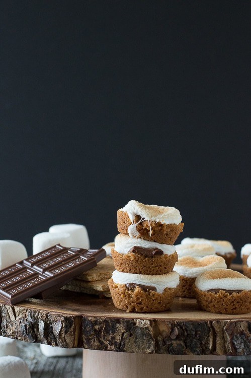 S'mores Poppers 7 Three S'mores Bites neatly stacked on a round wooden cake stand, showcasing their layers and inviting texture.